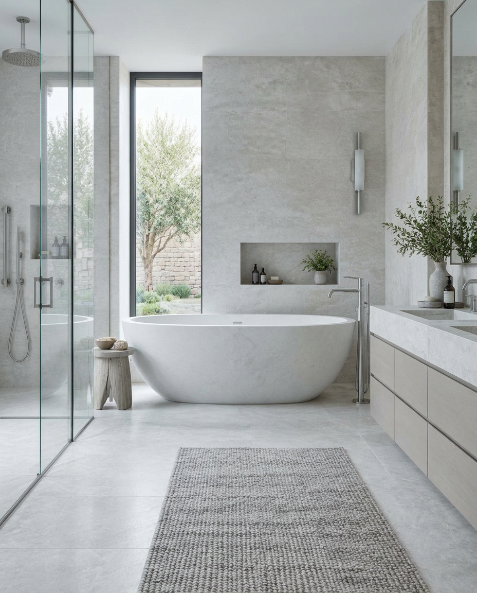 Bright modern bathroom with a freestanding bath and chrome fittings